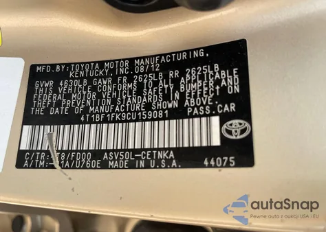 2012 Toyota Camry Base from USA, damaged, VIN 4T1BF1FK9CU159081